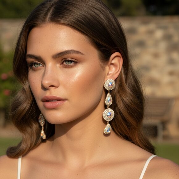 None Jewelry - AURORA BOREALIS CZ Gold Teardrop Discs Statement Earrings Evening Wedding